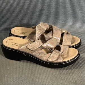 Clarks Women’s Delana Jazz Pewter Metallic Comfort Wedge Sandals Size 6